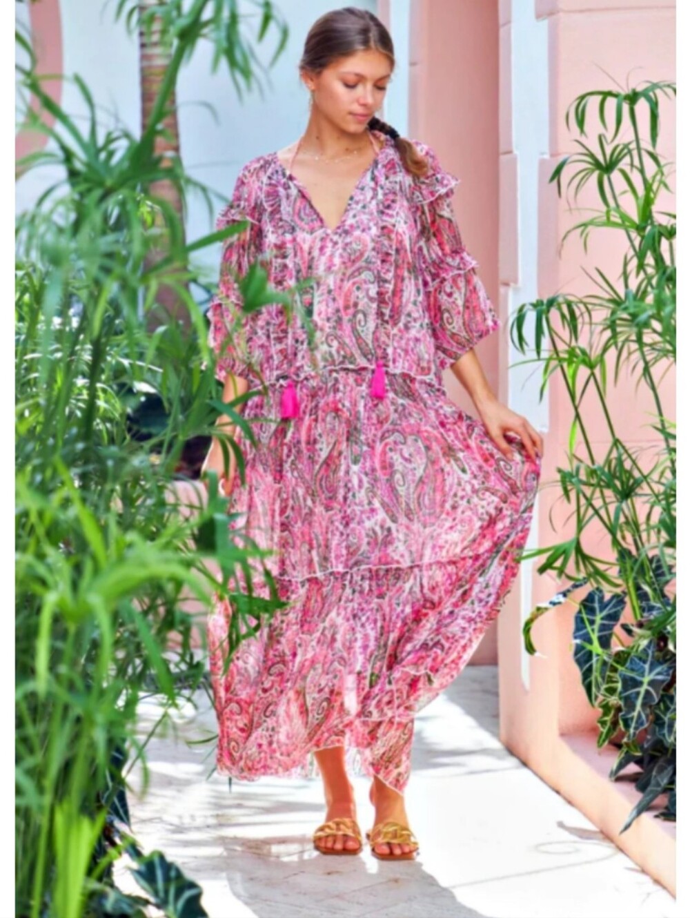 DEBBIE KATZ 'Mariah' Pink Paisley Ruffle Midi Tassel Dress M
